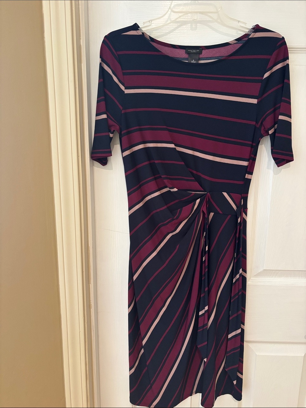 Ann Taylor Factory Navy, Burgundy & Blush Striped Midi Dress with Side Tie